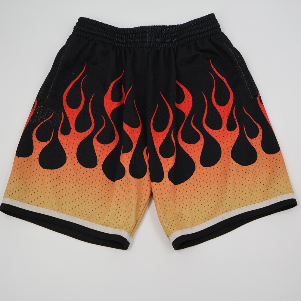 Mitchell & Ness Houston Rockets Shorts Mens Medium Black Orange Flame Mesh NBA